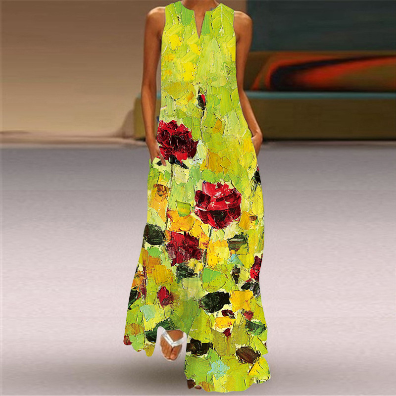 2023 Summer Women's Fashion Sexy Digital Printing V-neck Sleeveless Long  Dress with Pockets European and American Dresses - TRANSION